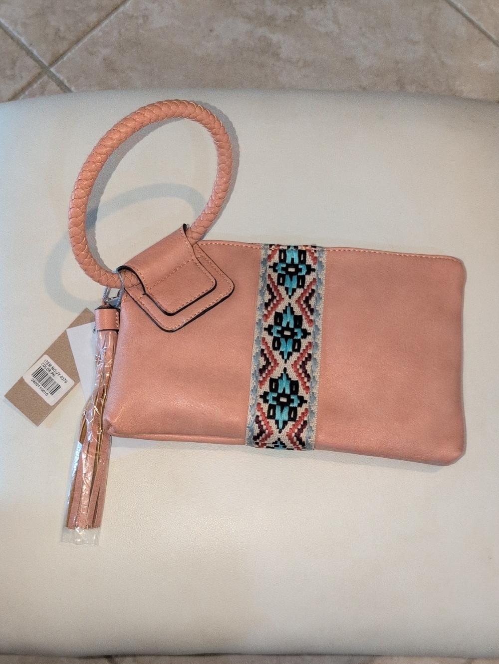 Peach Embroidered Vegan Wristlet Clutch - By Calin Collection